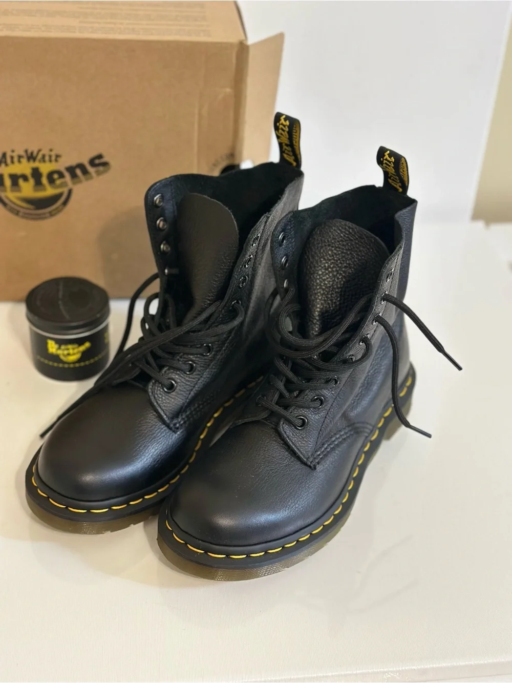 Dr. Martens Black Leather 8-Eye Boots with Yellow Stitching